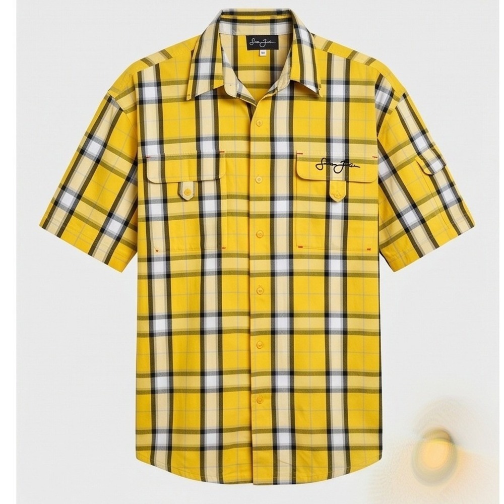 Sean John Mens XL Yellow Plaid‎ Button Down Shirt Funcktion Y2K Hip Hop Utility